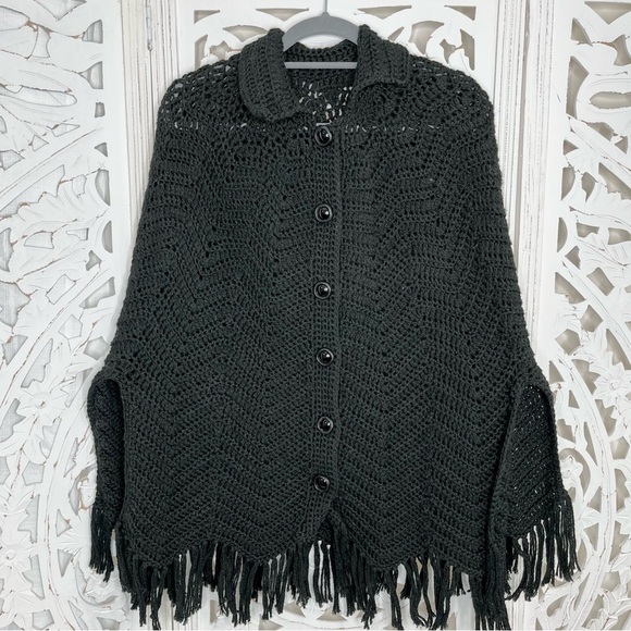Vintage Hand-knit Black Open Stitch Poncho - Picture 1 of 4